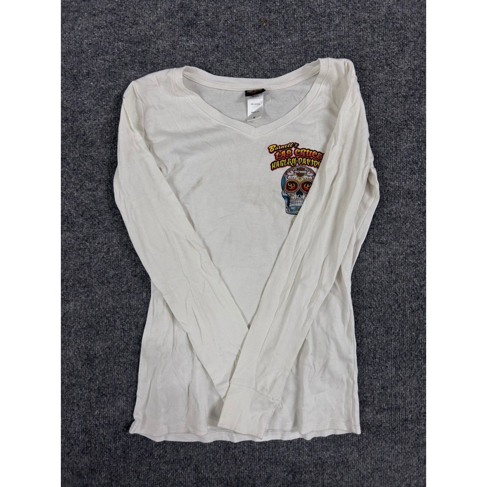 Harley-Davidson Shirt Womens Size M White Cotton Long Sleeve V-Neck Graphic USA